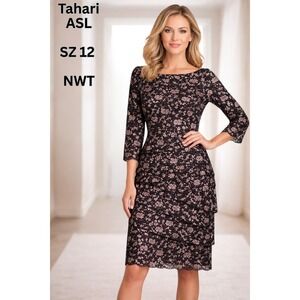 Tahari ASL Black Pink Lace Sheath Dress Asymmetrical Tier Sz 12 NWT